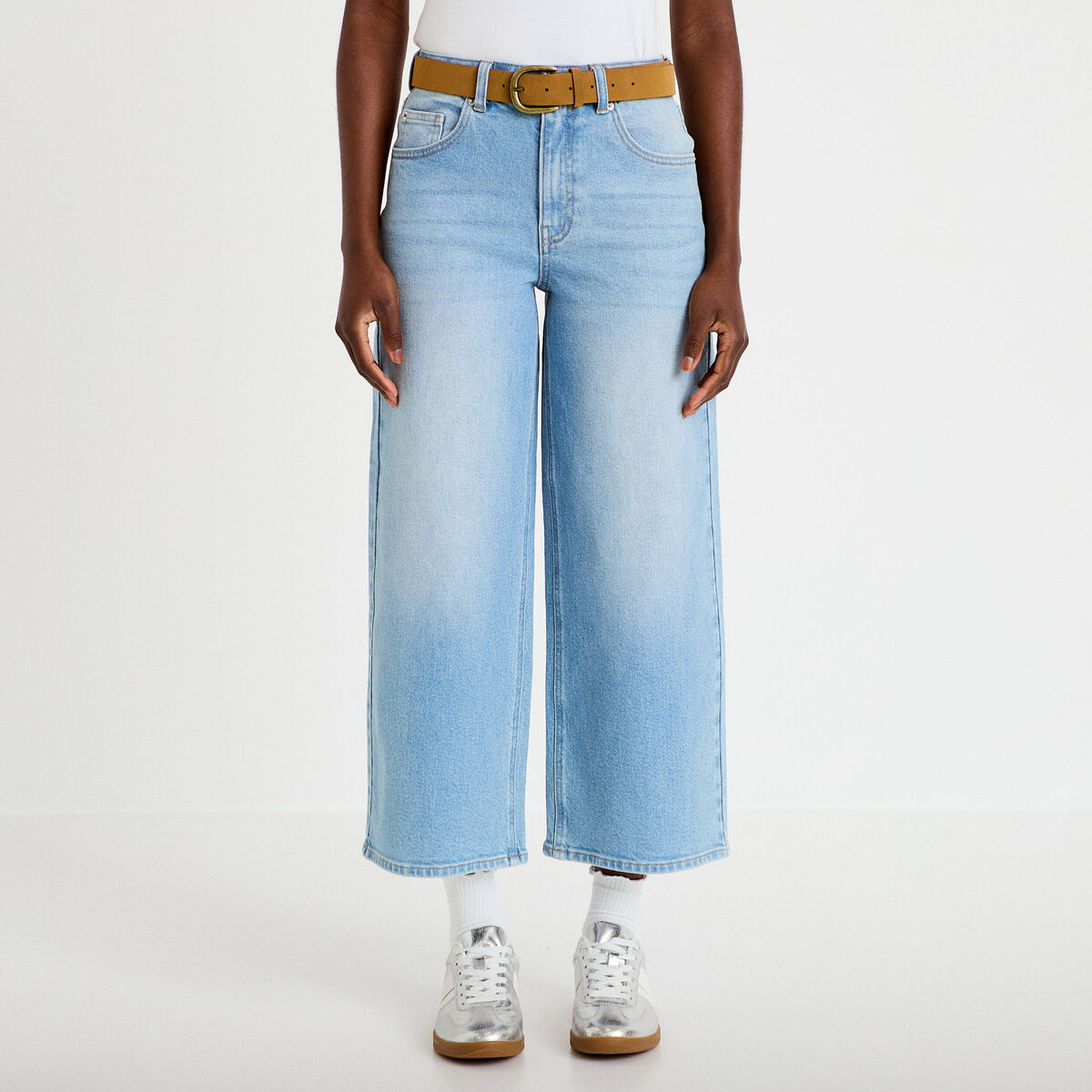 Jean wide leg taille haute ceinture denim triple stone femme