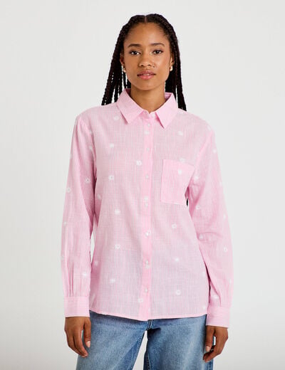 Chemise brod&eacute;e manches longues rose femme
