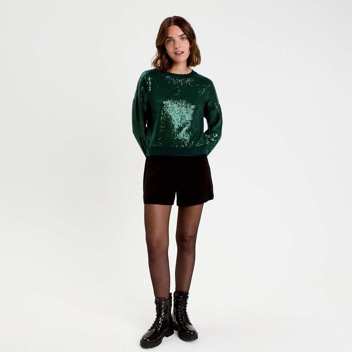 Pull manches longues avec sequins vert fonc&eacute; femme