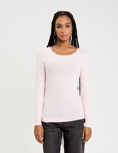 T-shirt uni &agrave; manches longues rose clair femme