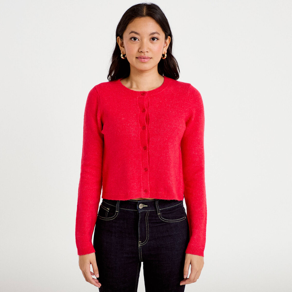 Gilet boutonn&eacute; manches longues rouge femme