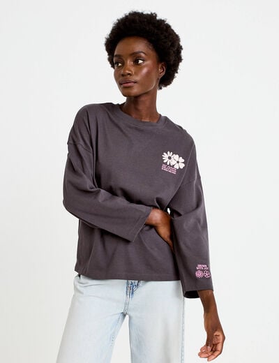 Sweat oversize col rond manches longues gris fonc&eacute; femme
