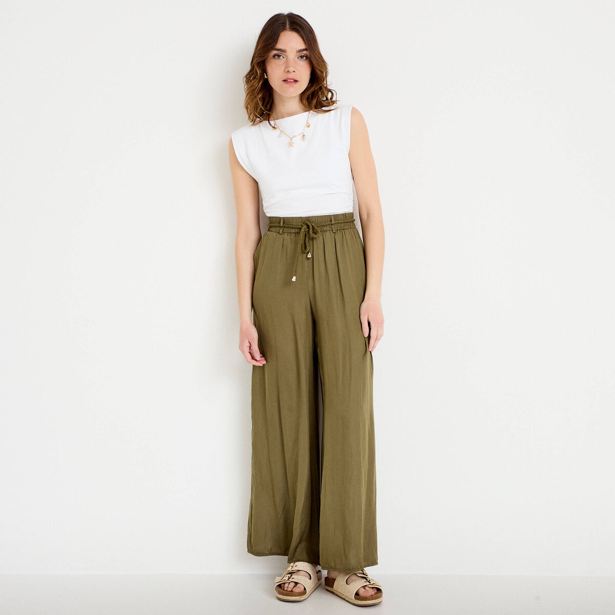 Pantalon large taille standard vert kaki femme