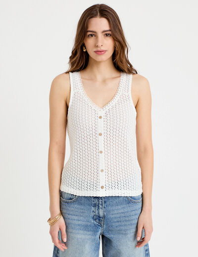D&eacute;bardeur ajour&eacute; aspect dentelle col v ecru femme