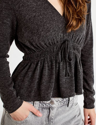 Blouse cintr&eacute;e col v manches longues gris fonc&eacute; femme