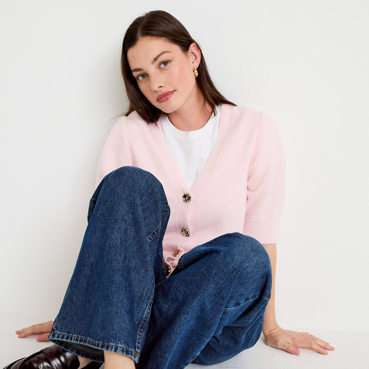 Gilet duveteux col v manches longues rose clair femme