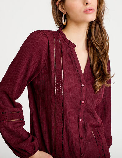 Blouse broderie col V manches longues bordeaux femme