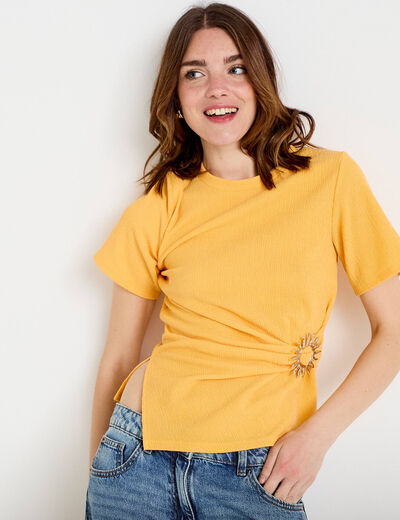 T-shirt cintr&eacute; col rond manches courtes orange clair femme