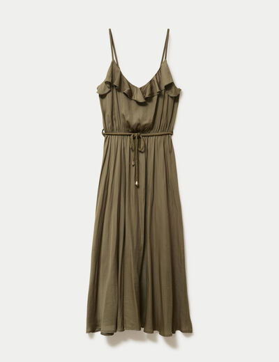 Robe longue &eacute;vas&eacute;e col v bretelles vert kaki femme