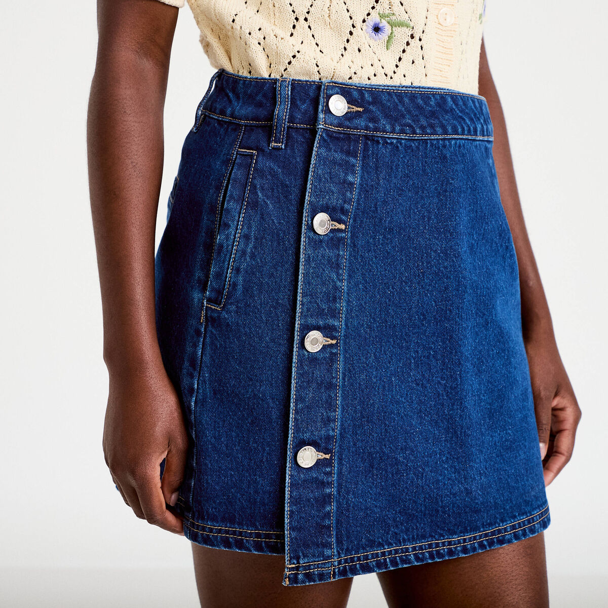 Jupe droite courte en jean denim double stone femme