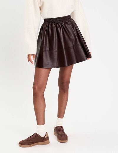 Jupe patineuse en similicuir marron fonc&eacute; femme