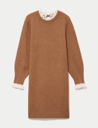 Robe pull ajust&eacute;e col rond dentelle camel femme