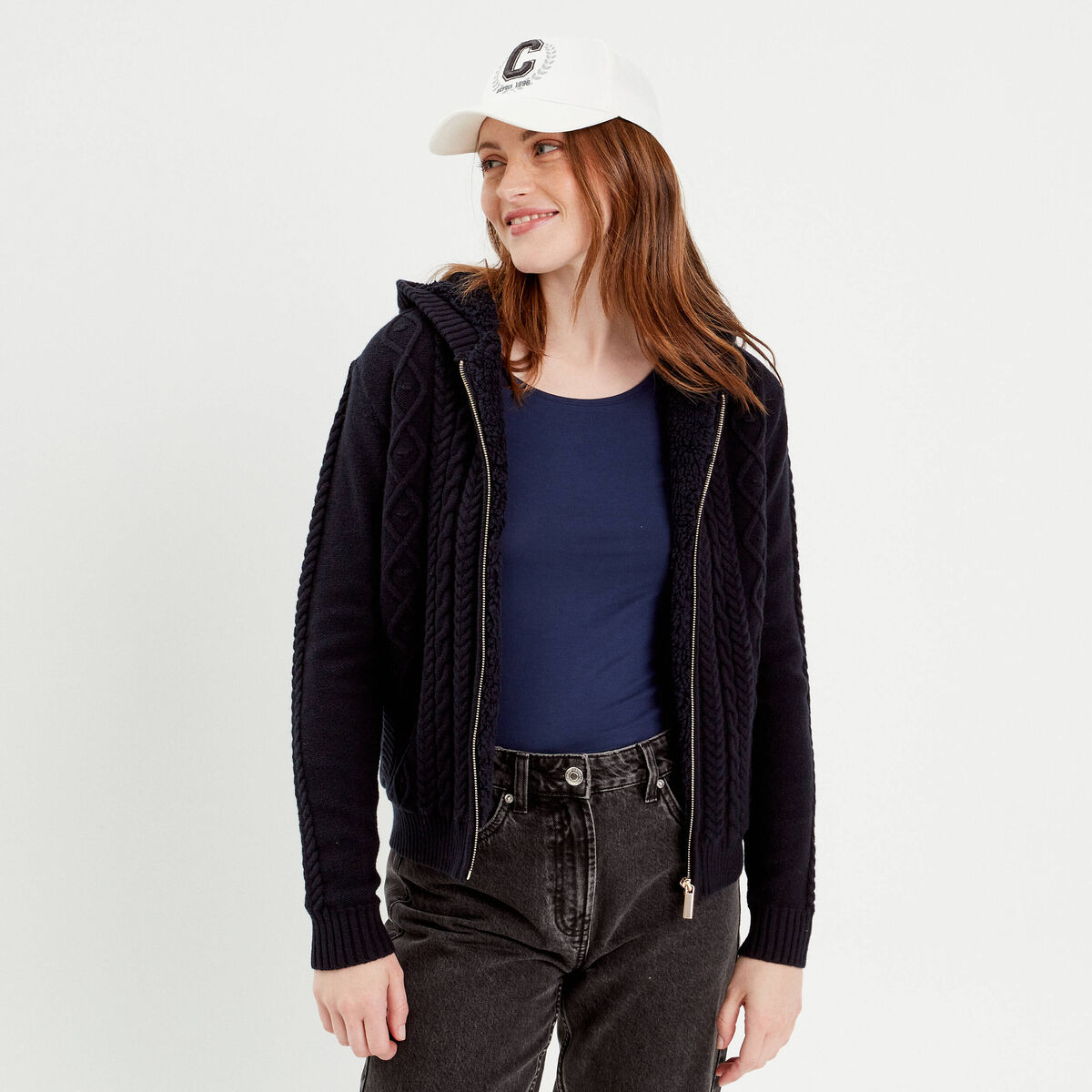 Gilet &agrave; capuche zipp&eacute; bleu marine femme