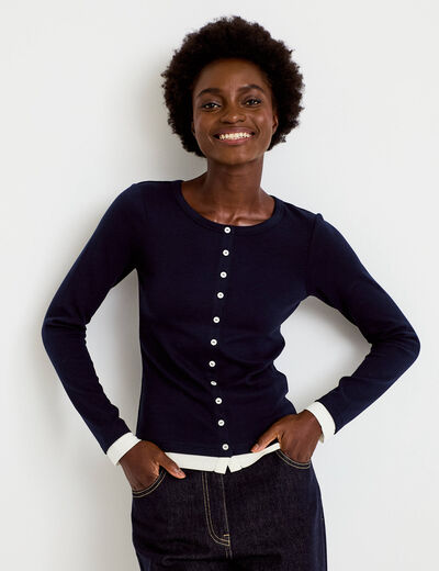 Top col rond manches longues bleu marine femme