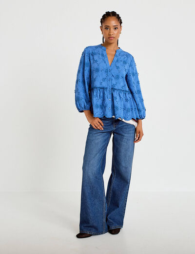 Blouse &agrave; motif en relief bleu fonc&eacute; femme