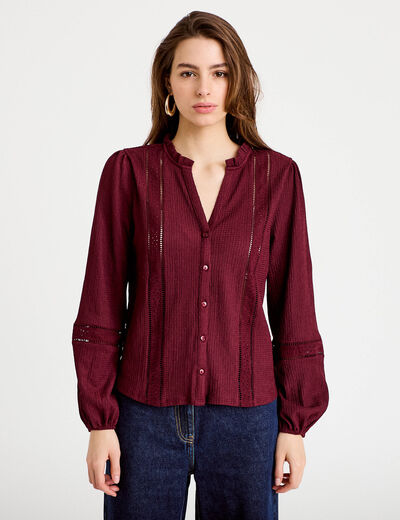 Blouse broderie col V manches longues bordeaux femme