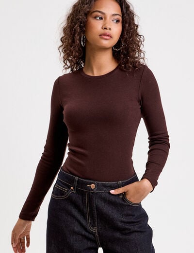 T-shirt cintr&eacute; col rond manches longues marron fonc&eacute; femme