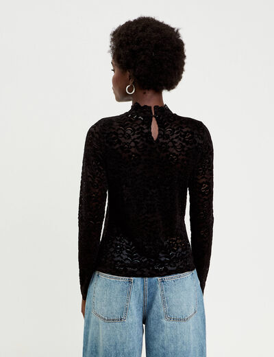 T-shirt dentelle manches longues noir femme