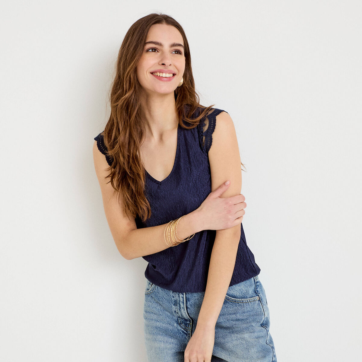 Blouse sans manches pliss&eacute;e bleu marine femme