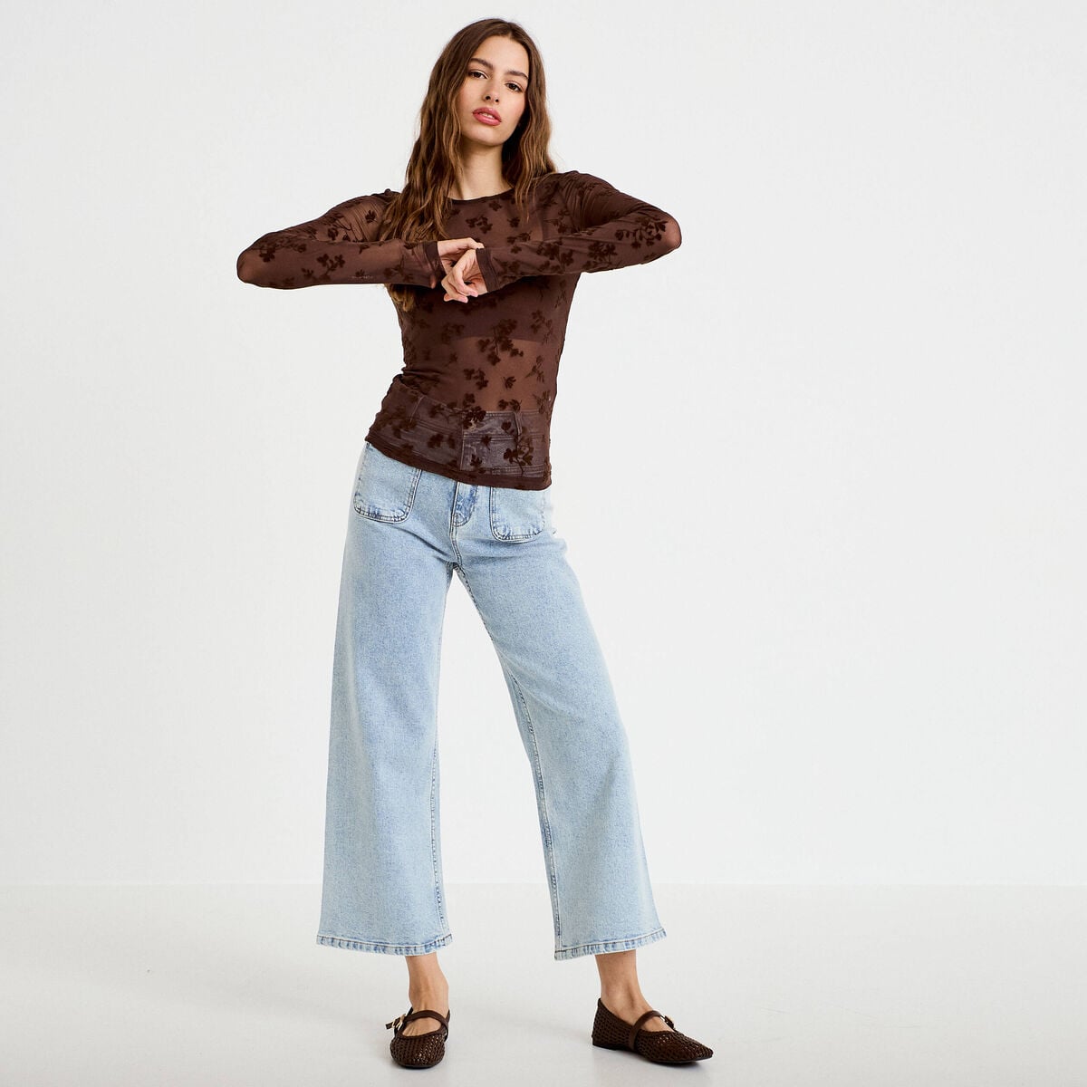 T-shirt ajust&eacute; manches longues marron cognac femme