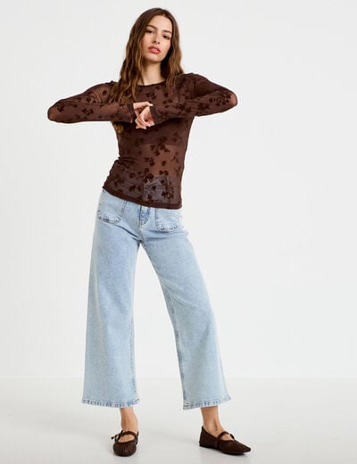 T-shirt ajust&eacute; manches longues marron cognac femme