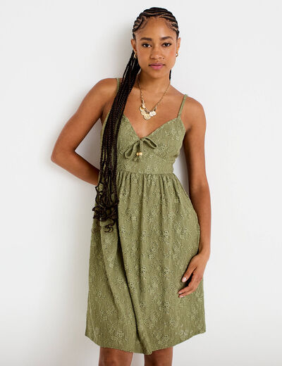 Robe &eacute;vas&eacute;e bretelles fines vert kaki femme