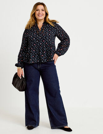 Jeans wide leg taille haute denim blue black femme