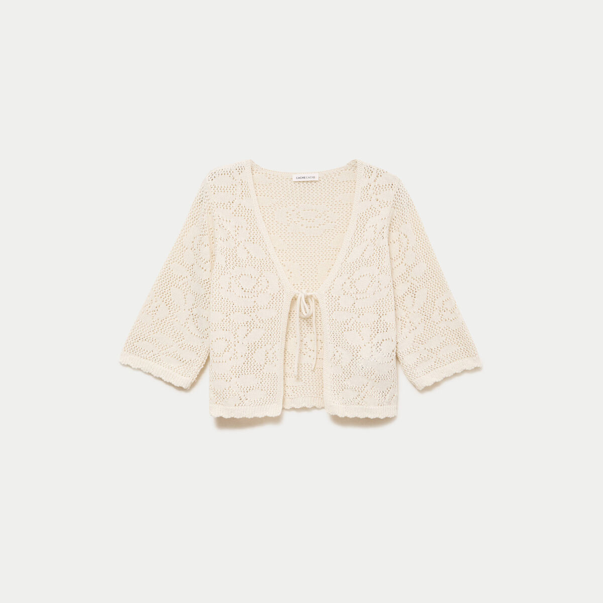 Gilet col v manches 3/4 aspect dentelle ecru femme