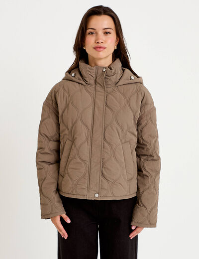 Veste droite &agrave; capuche manches longues taupe femme