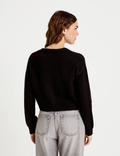 Gilet court ajust&eacute; col v manches longues noir femme