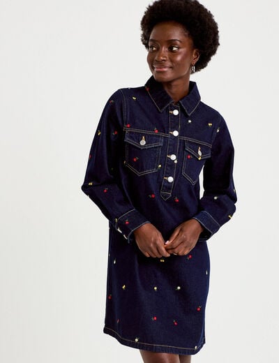 Robe courte &eacute;vas&eacute;e en jean brod&eacute;e bleu marine femme