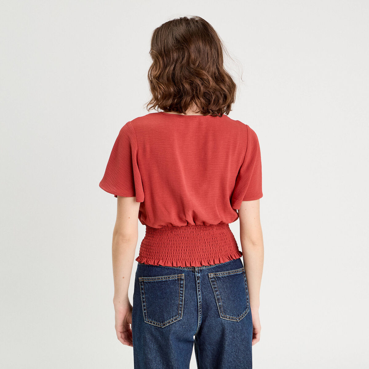 Blouse smock&eacute;e manches courtes vieux rose femme