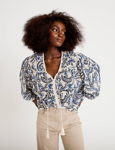 Blouse ample col v manches longues blanc femme