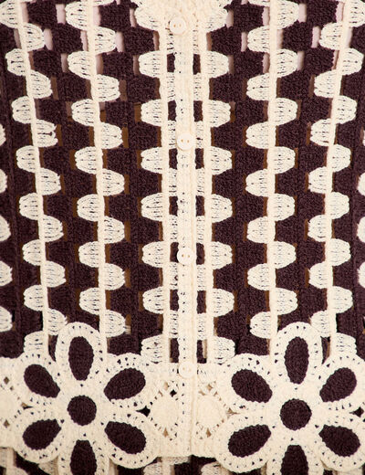 D&eacute;bardeur col v aspect dentelle marron fonc&eacute; femme