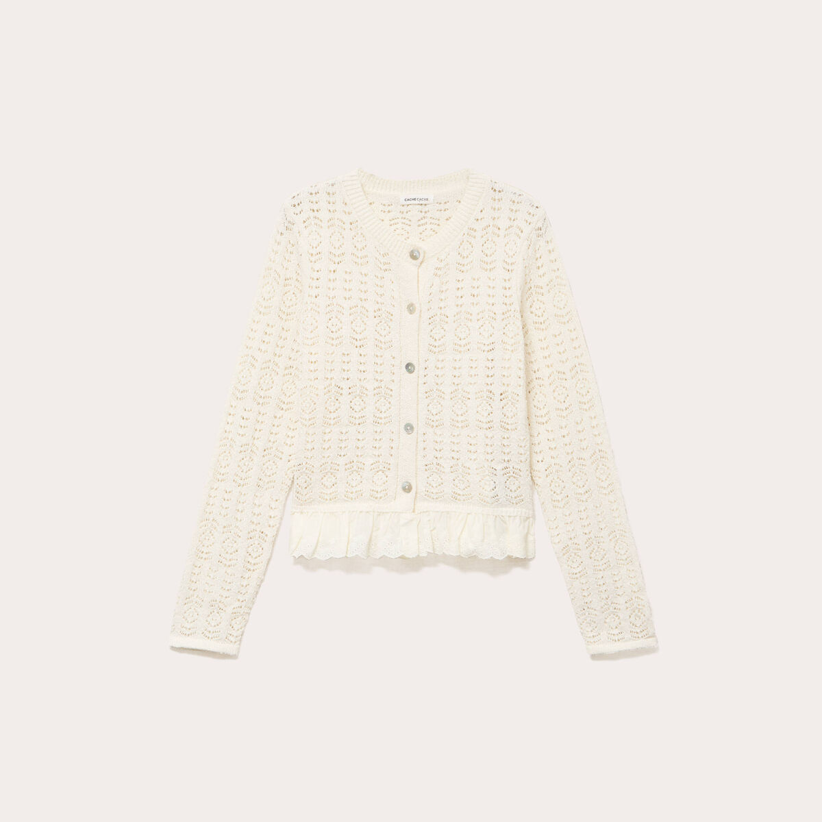 Gilet manches longues col rond dentelle ecru femme