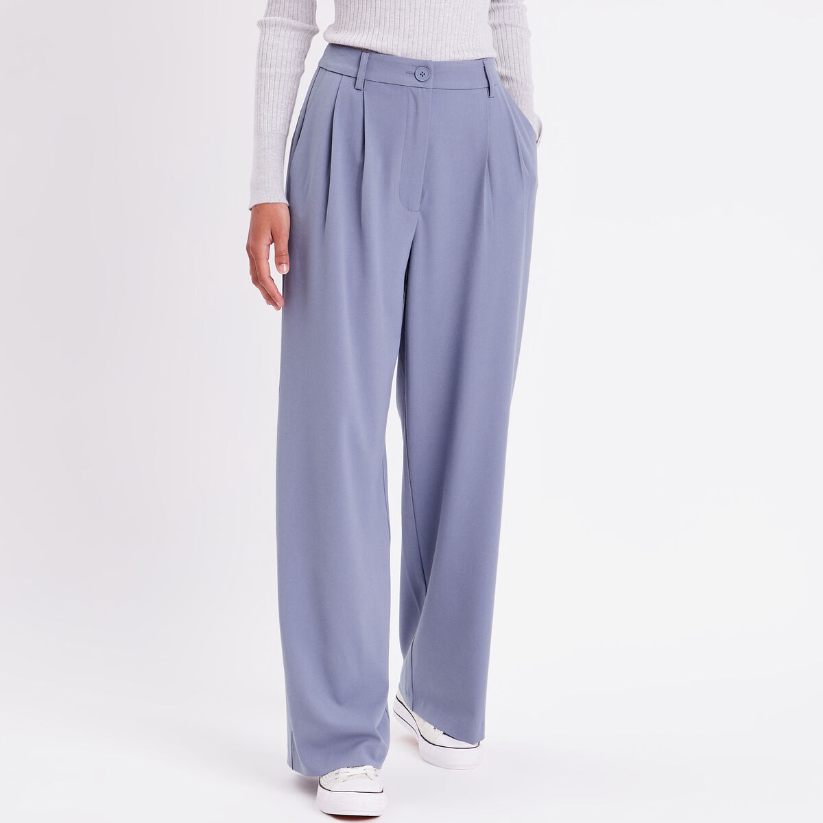Pantalon large &agrave; pinces bleu gris femme
