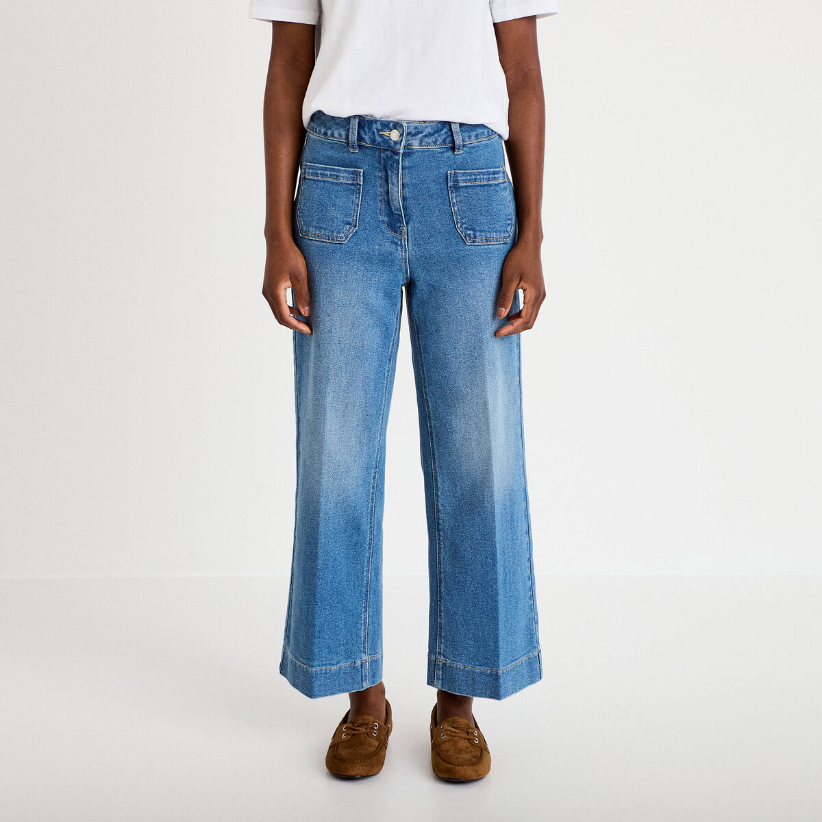 Jean wide leg cropped taille haute denim double stone femme