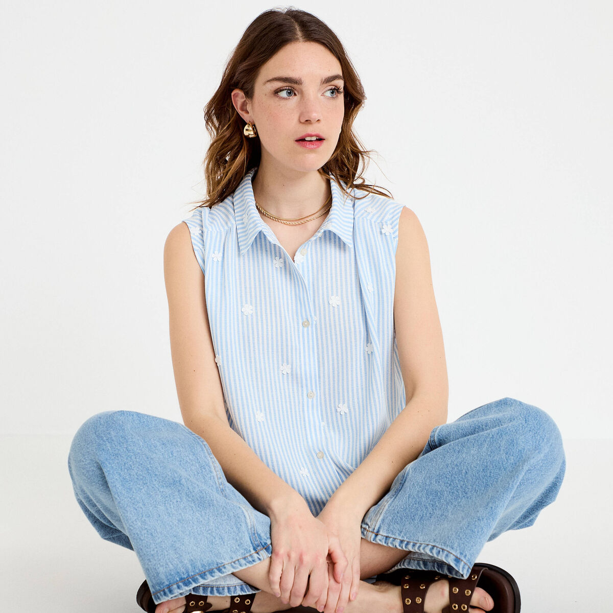 Blouse sans manches col classique bleu femme