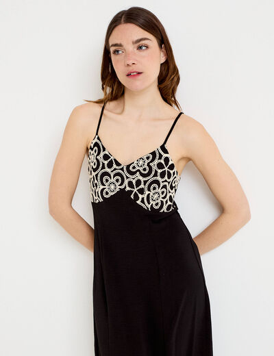 Robe longue droite col v bretelles fines noir femme