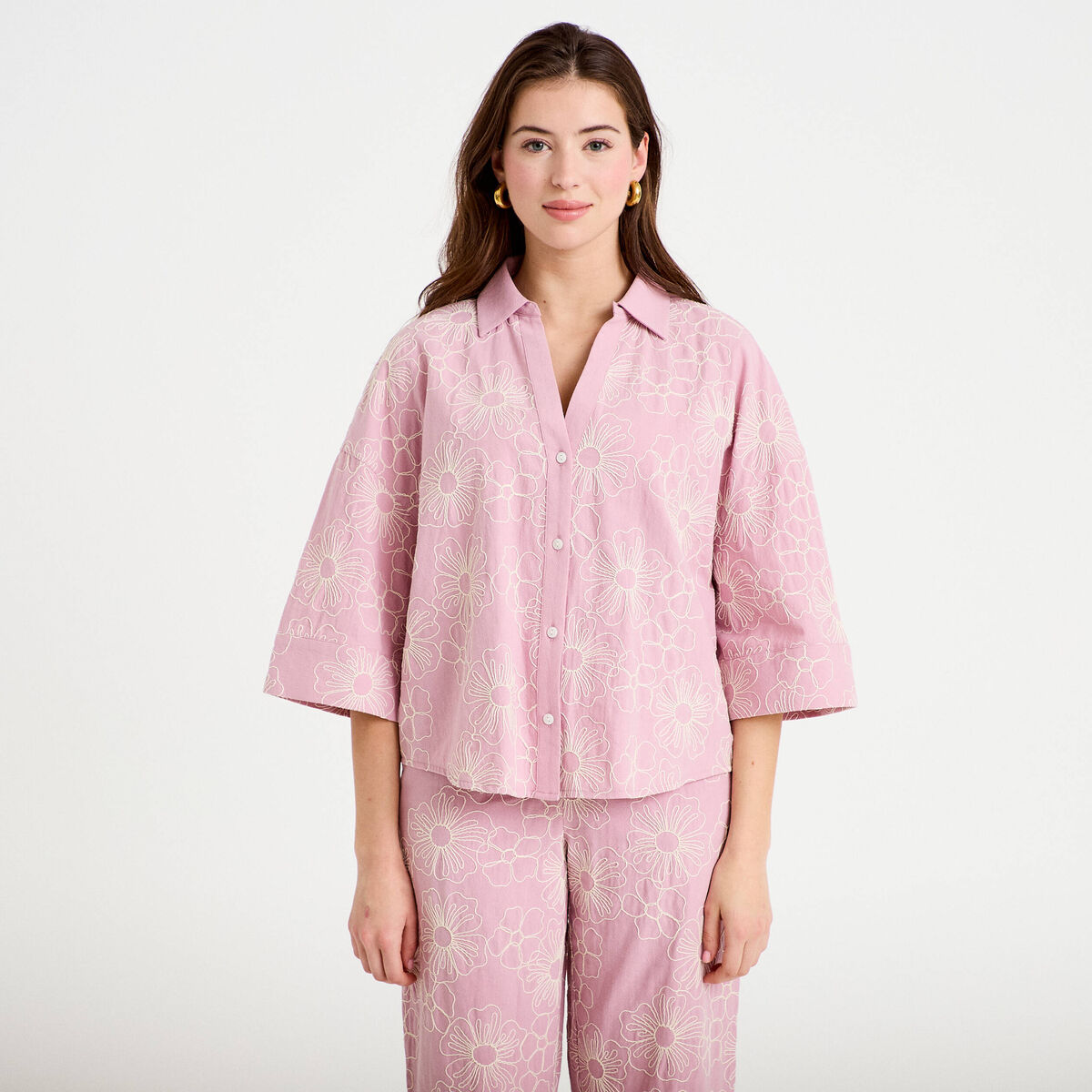Blouse boyfriend manches 3/4 rose clair femme