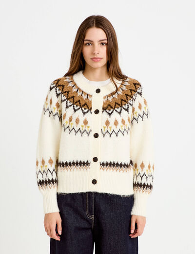 Gilet col rond manches longues ivoire femme