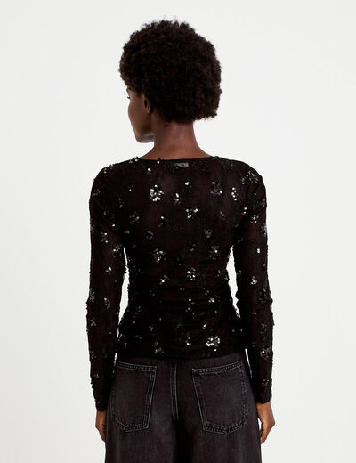 T-shirt ajust&eacute; col rond brod&eacute; perles noir femme