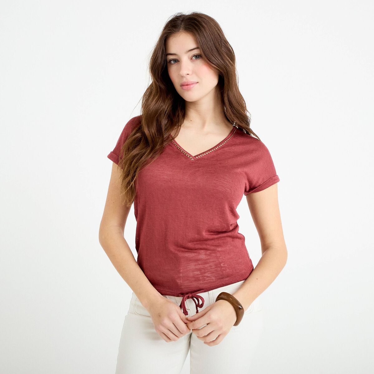 T-shirt d&eacute;tail noeud vieux rose femme