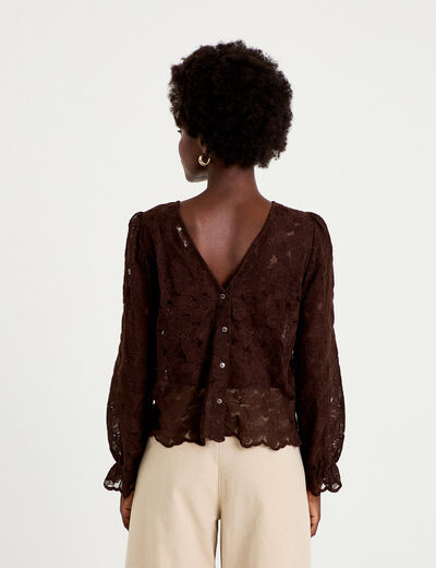 Blouse droite col v en dentelle marron fonc&eacute; femme