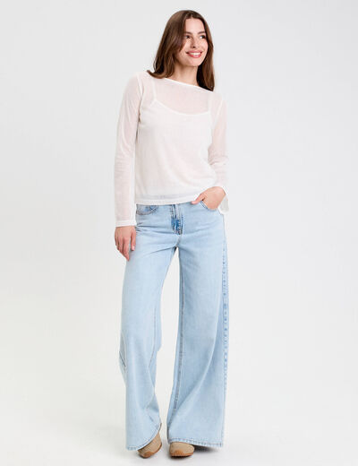 Top transparent col rond manches longues ecru femme