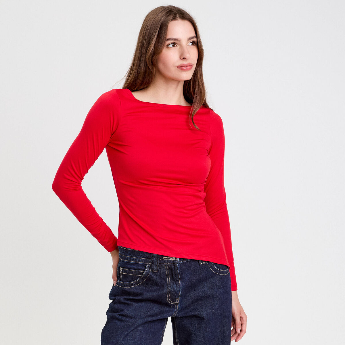 Top cintr&eacute; manches longues rouge femme