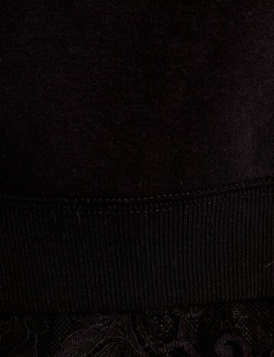 Sweat droit col rond d&eacute;tail dentelle noir femme