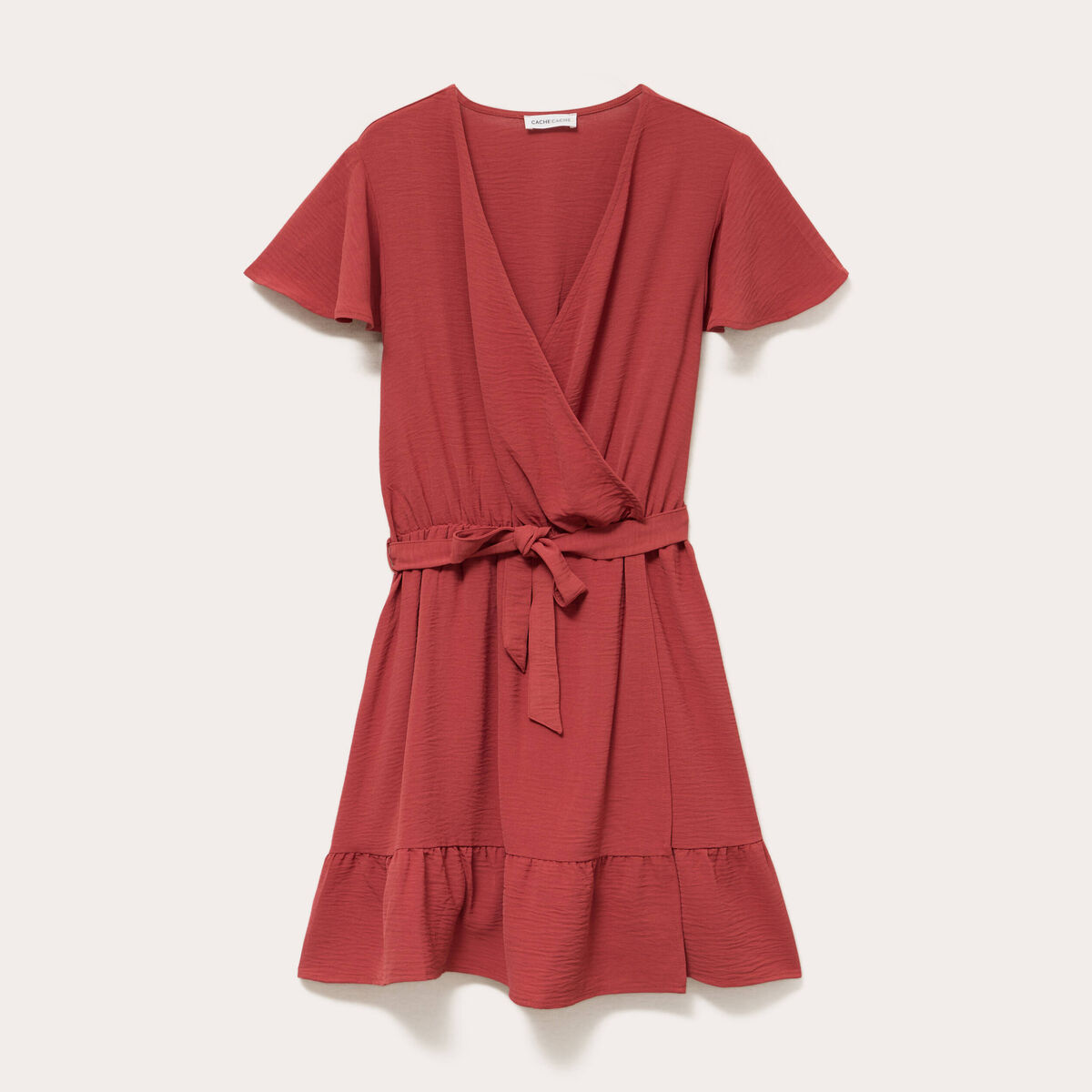 Robe courte &eacute;vas&eacute;e col v manches courtes vieux rose femme