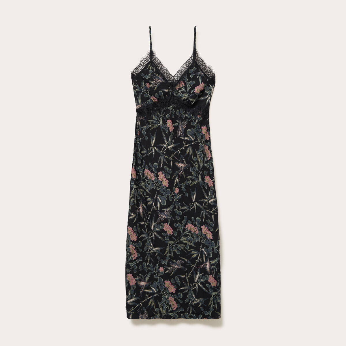 Robe longue droite col v dentelle noir femme