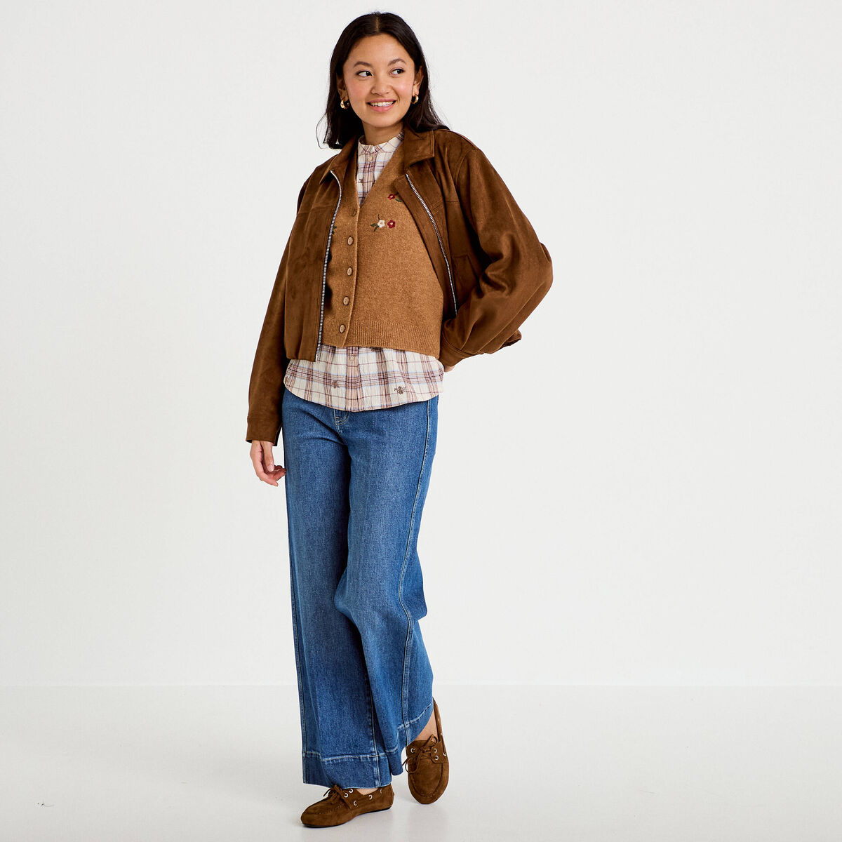 Gilet sans manches col v broderie marron femme